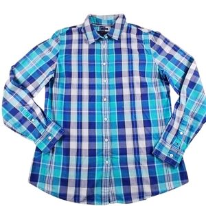 Tommy Hilfiger Plaid Shirt Women Medium Turquoise Blue Cotton /Chemisier Tommy M